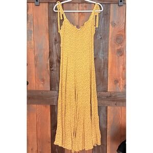 Storia Floral Smocked Bell Bottom Jumpsuit Pantsuit Size L Yellow Boho Festival